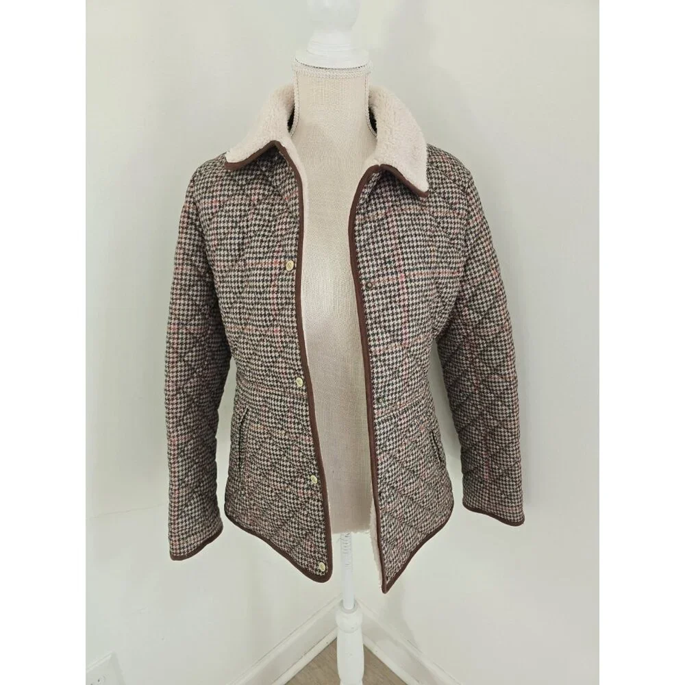 Lauren Ralph Lauren Houndstooth Quilted Jacket S Brown Green Faux Sherpa Collar - Picture 3 of 14